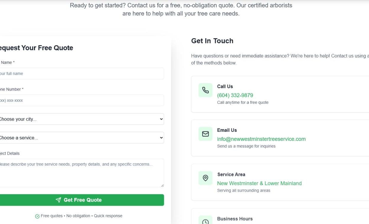 New Westminster Tree Service contact section screenshot
