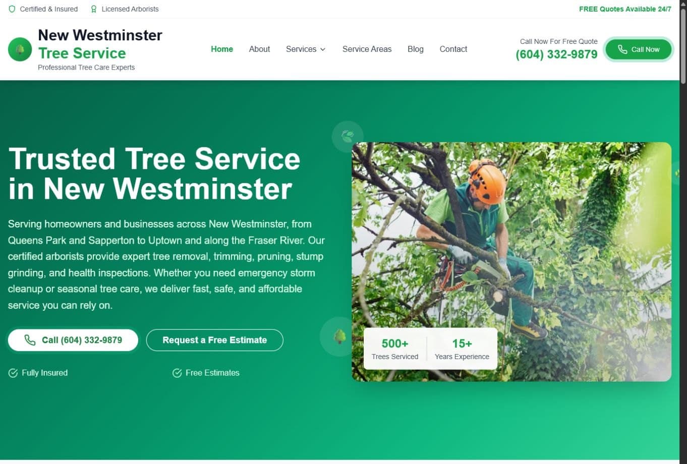 New Westminster Tree Service desktop homepage screenshot