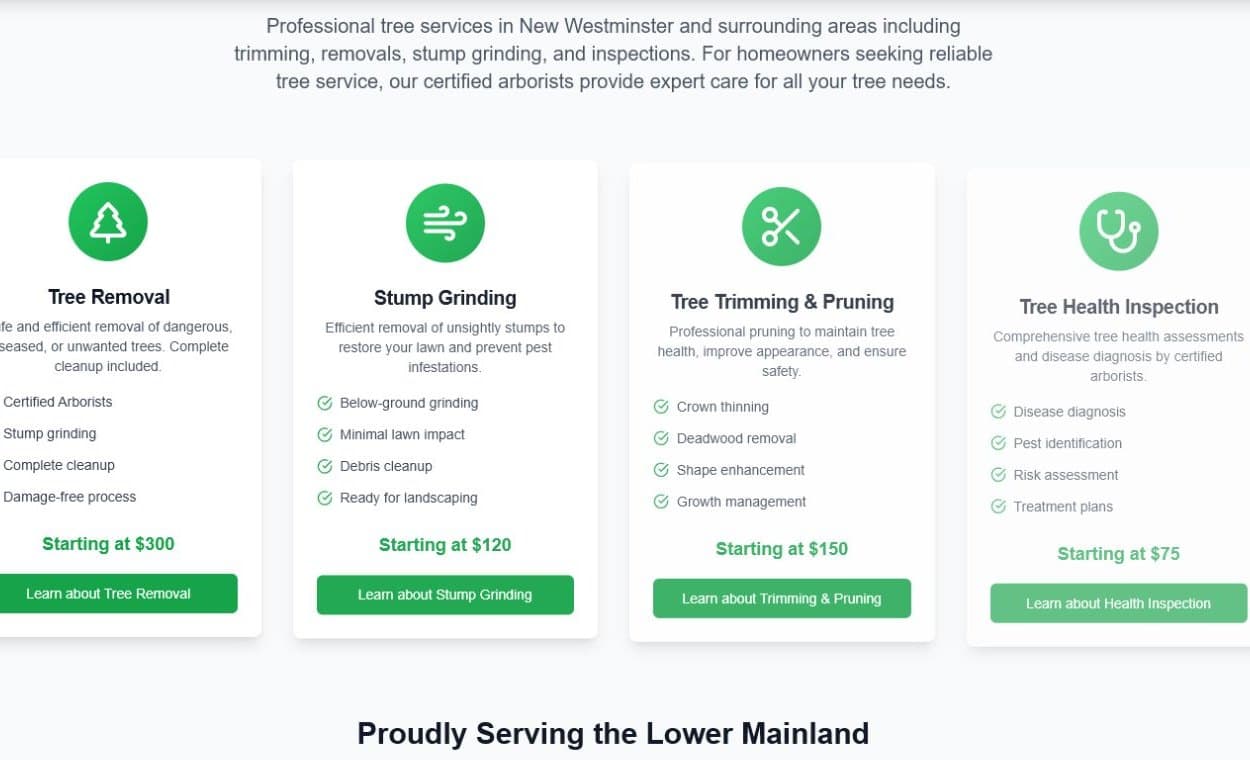New Westminster Tree Service service section screenshot