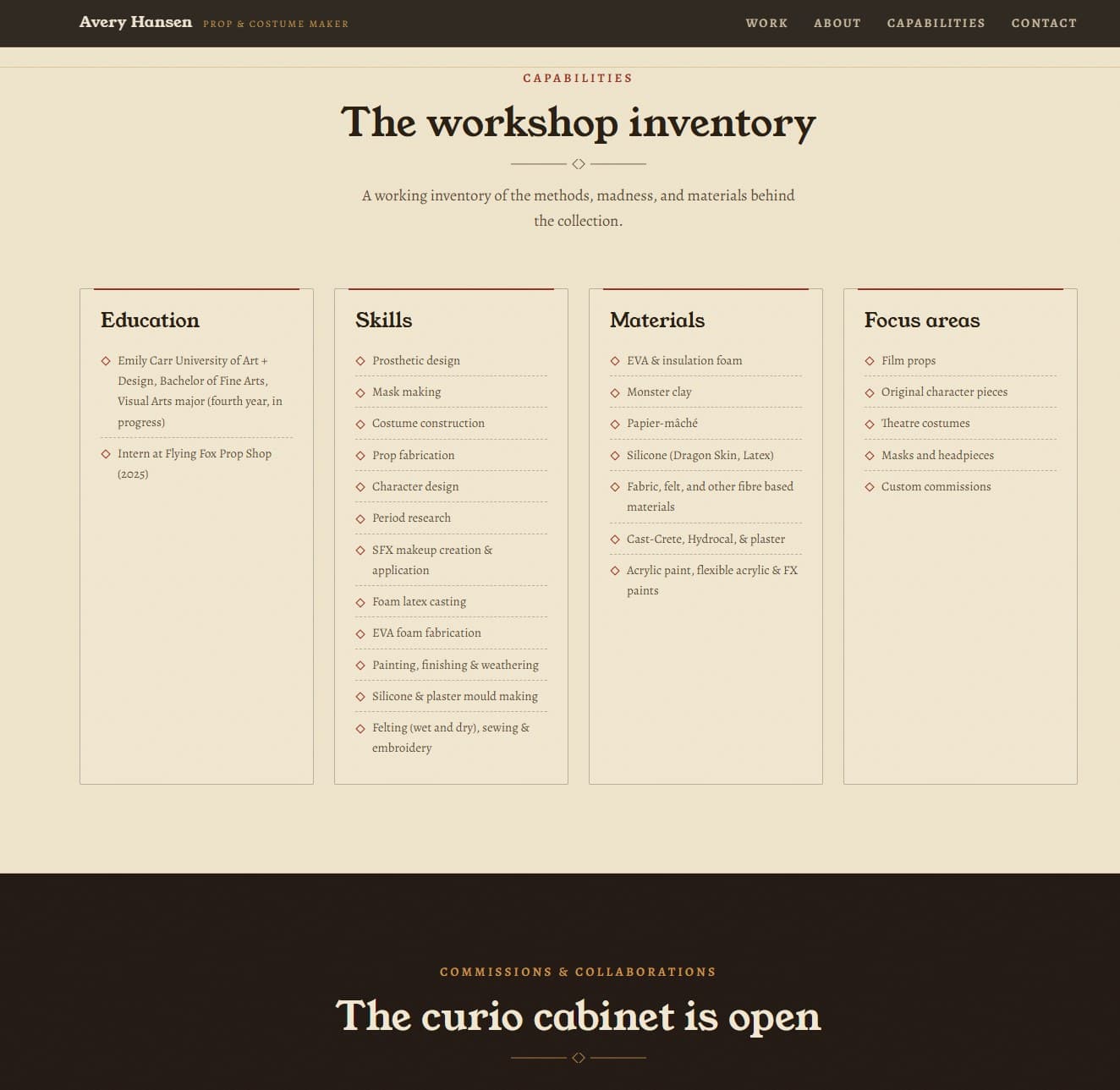 Avery Hansen Portfolio capabilities and workshop inventory screenshot