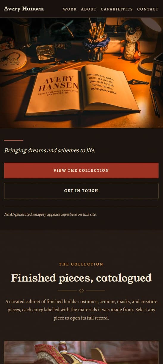 Avery Hansen Portfolio mobile homepage screenshot