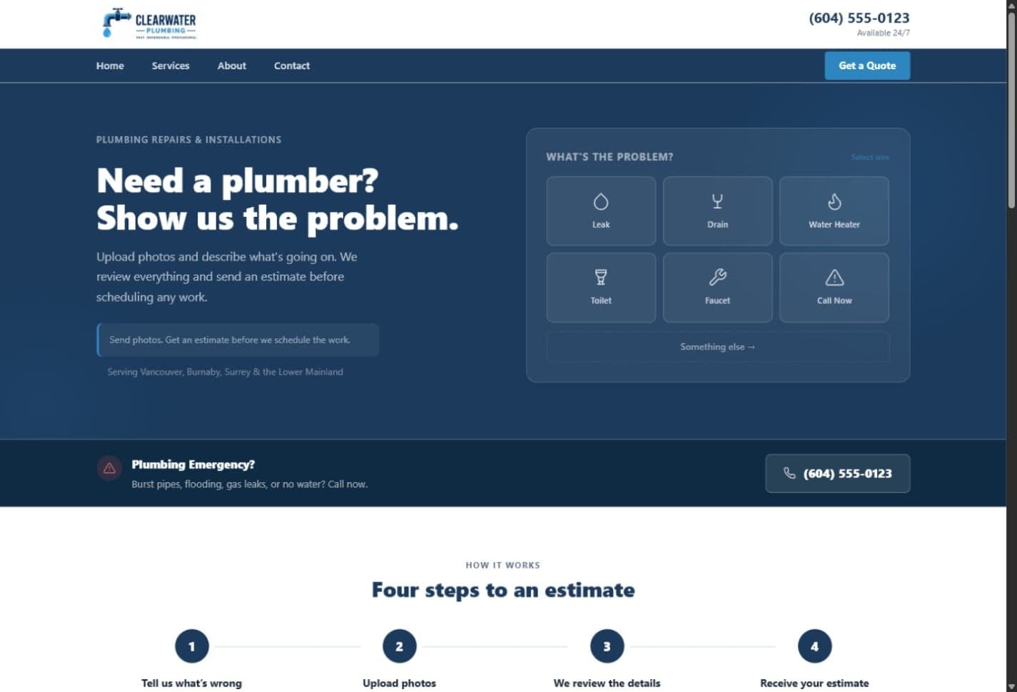 Contractor quote-flow prototype desktop homepage screenshot