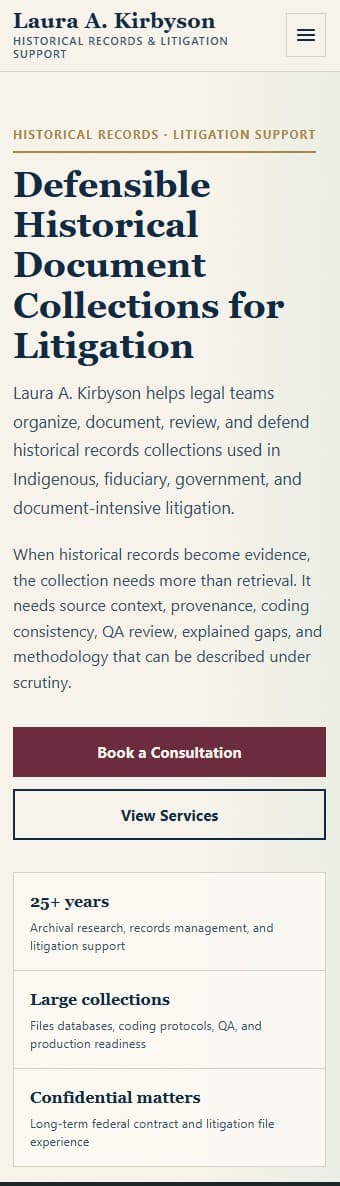 Laura Kirbyson mobile homepage screenshot