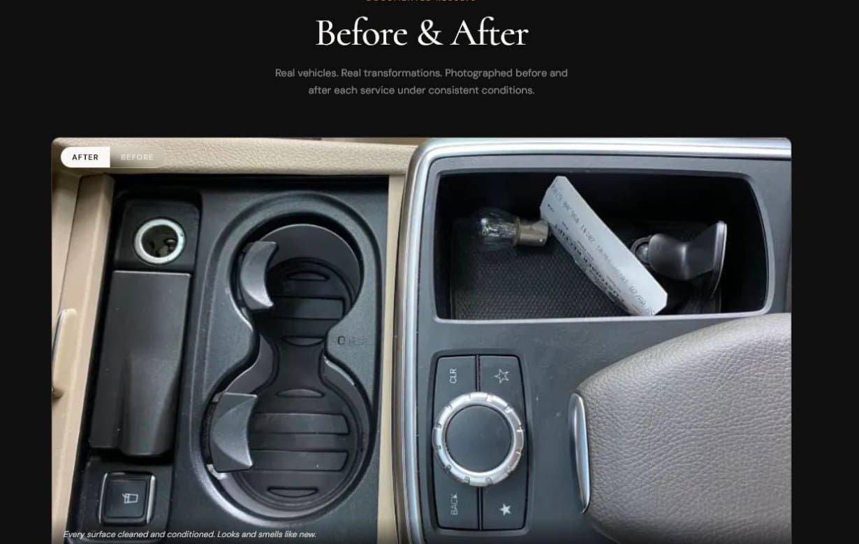 Phantom Car Detailing proposal, before-and-after gallery section screenshot