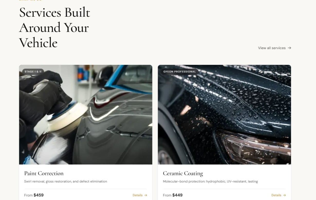 Phantom Car Detailing redesign proposal, services section screenshot